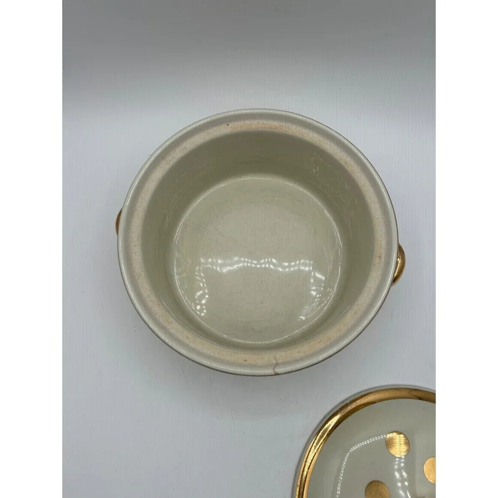 Hall China Casserole Dish Ivory Gold Dot Covered Round Lidded Bowl Vintage